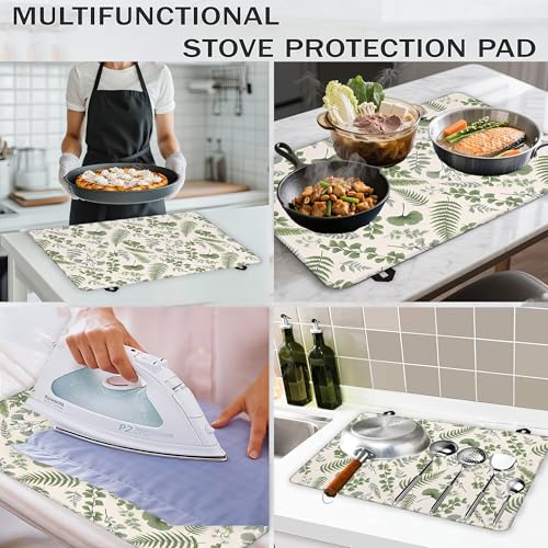 Image of Green Herb Leaves Glass Top Stove Cover Protector,Spring Botanical Leaf Heat Resistant Stove Top Cover, Large Size Range Covers for Electric Stove Countertop Mat, 28 x 20 Inch