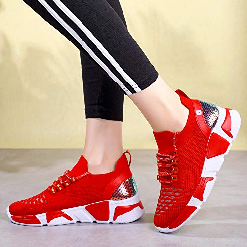 Women's Walking Shoes Fashion Sock Sneakers Slip On Mesh Wedge Heel Shoe Platform Loafers Red #TOP6