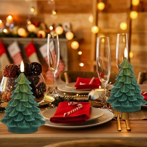 Image of Wondise Christmas Tree Flameless Candles Timer, 2 Packs Green Real Wax Battery Operated 3D Wick LED Flickering Candles Realistic Christmas Tree for Christmas Holiday Indoor Dinner Decor(2.76 inch x 5.9 inch)