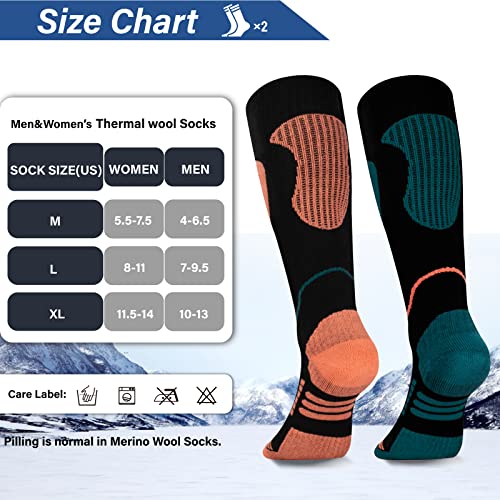 Image of Merino Wool Ski Socks 2 Pairs, Thermal Knee High Warm Socks for Snowboarding, Hiking, Cold Weather, Snow, Hunting