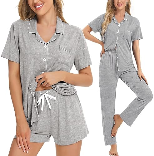 Image of SWOMOG Womens 3pcs Button Down Pajamas Set Short Sleeve Sleepwear Bride Pj Lounge Set with Long Pants