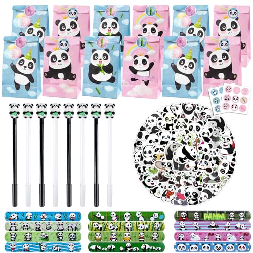 Phlognfy Panda presentes de aniversário para crianças, panda tema festa presentes, com bolsas de presente, pulseiras Clap, desenhos animados pena, autocolantes, para meninas meninos incentivos