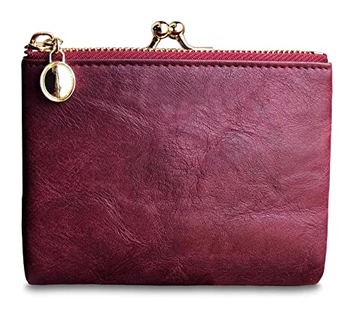 Small Bifold Genuine Leather Wallet for Women Vintage Mini Coin Purse with Zipper and Kiss Lock (Purple)3