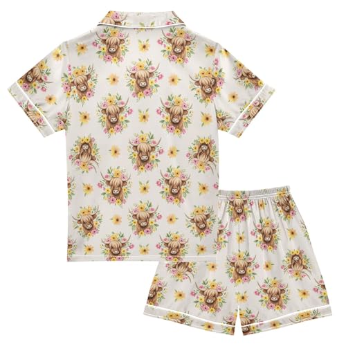 Satin Pajama Sets Short Sleeve Floral Highland Cow Pattern Button Down Silky Nightwear 2 Piece PJS 5-14Y2