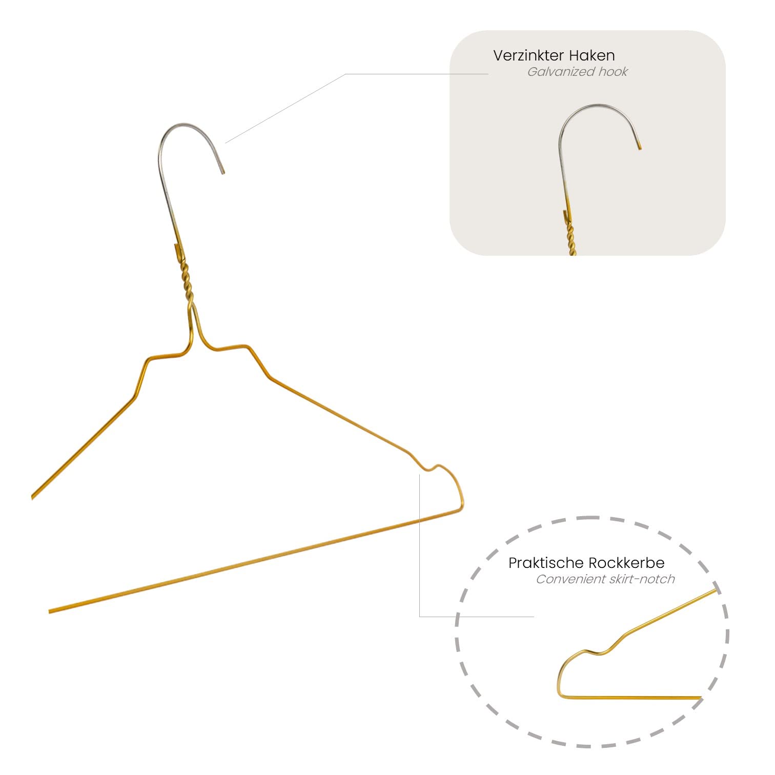 RSR-Classic Kleerhangers 50 stuks gouden draadhangers metalen kleerhangers draadkleerhangers metalen draad verzinkt ruimtebesparende hoogwaardige poedercoating blousehanger 40 cm