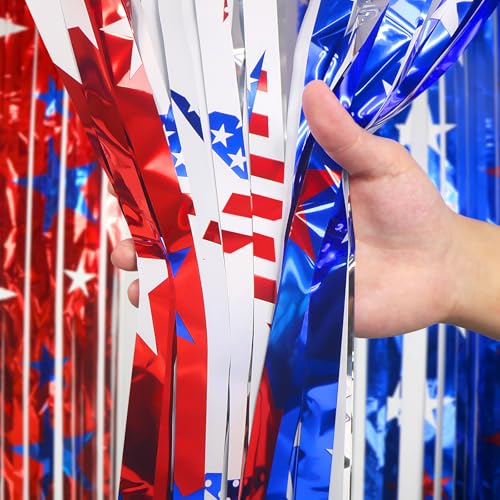 Image of 4th of July Independence Decorations, 2 Pack Red White Blue Star printed Foil Fringe Curtains for Patriotic Memorial Day Day Decor, Citizenship Party Supplies, Backdrop Streamers, 3.3 x 6.6 FT