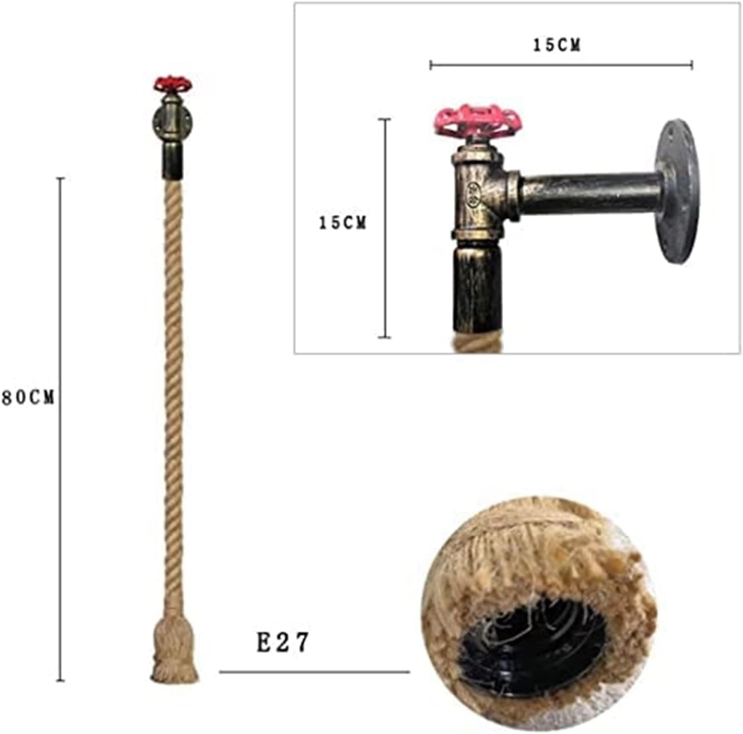 Pipa de agua Cáñamo industrial Barbería Tienda de ropa Escaleras Cuerda Metal rústico Grifo de válvula rojo Lámparas Steampunk de un solo loft