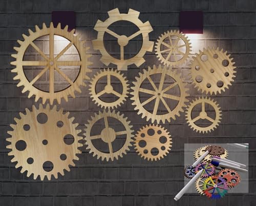 10Pcs Steampunk Decor Wooden Gear Set, Industrial Vintage Wheels For Wall Hanging, Farmhouse, Bar &Amp; Diy Crafts (5.9In-3.1In)