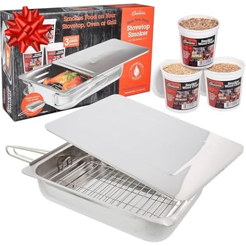 Camerons Original Stovetop Smoker -Smoker Box Gift Set w/Oak, Apple, Hickory Wood Chip Pints & Recipe Guide- Indoor Outdoor Use - Great for Smoking Thanksgiving Dinner - Barbecue Grilling Gift for Men Cover