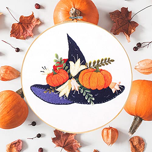 Image of Santune 4-Pack Halloween Embroidery Kit Cross Stitch Kits for Beginners DIY Needlepoint Kit with 4 Embroidery Clothes Featuring Pumpkin Patterns,2 Hoops,Color Threads,Needles