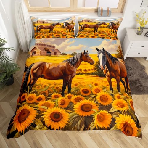 Homewish Bettbezug für Einzelbett, 140 x 200 cm, mit 1 Kissenbezug, Bettwäsche für Erwachsene, Bauernhoftiere, Sonnenblume, Pferd, Tagesdecke Wildtiere