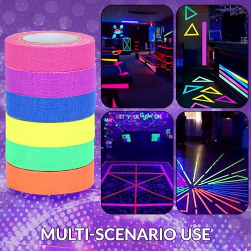 Image of Glow in The Dark Neon Tape - UV Blacklight Reactive, 0.6in X 16.5ft Neon Gaffer Tape- Perfect for Parties, Crafts, and More,6 Rolls (6, Mix Color)