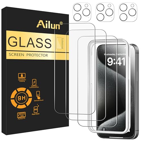 Ailun 3 Pack Screen Protector for iPhone 15 Pro Max [6.7 inch] + 3 Pack Camera Lens Protector with Installation Frame,Sensor Protection,Dynamic Island Compatible,Case Friendly Tempered Glass Film