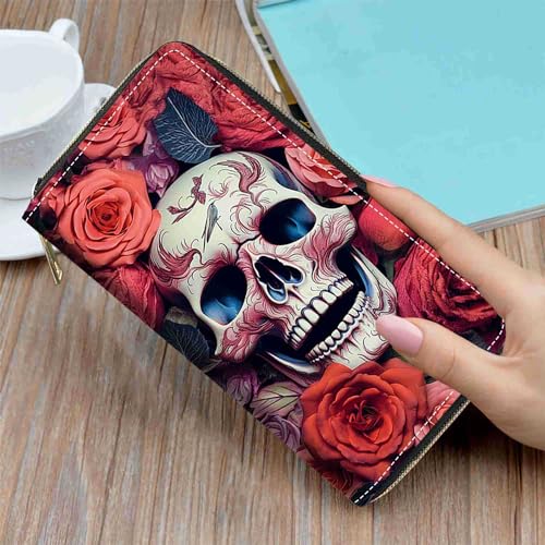 Skull Roses Print Wallet for Women Large Capacity Wallet Credit Card Holder PU Leather Zipper Clutch Purse Phone Wallet3