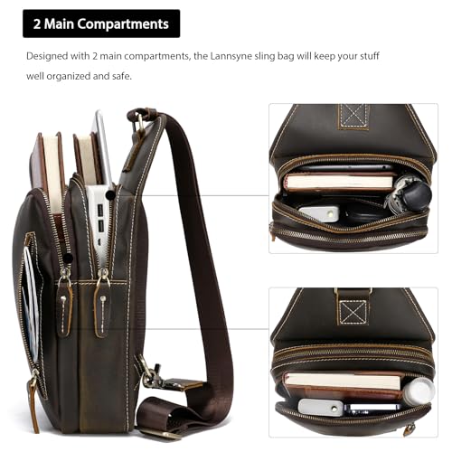 LANNSYNE Full Grain Leather Sling Bag, Leather Crossbody Bag For Men Fits 10.5" iPad3