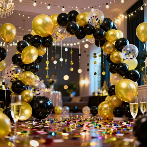 Image of 50 pcs Black and Metallic Gold Balloons 12 Inch Black and Gold Confetti Balloon Party Decorations for Birthday,Graduation,New Years,Wedding,Engagement Anniversary Party Decorations