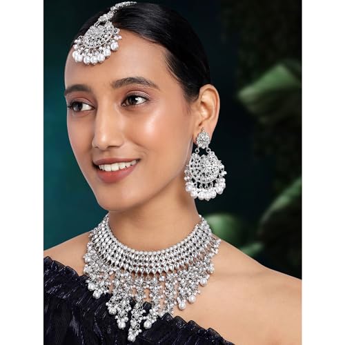 Image of Peora Kundan & Beads Studded Necklace Earrings & Maangtikka Set Ethnic Jewellery for Women & Girls