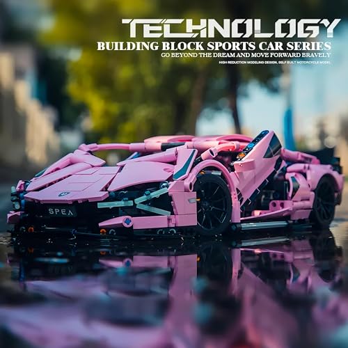 Image of 1:18 Scale Racing Car Building Block Set - Pull Back DIY Assembly Supercar Model | Compatible Bricks Toy for Kids, Adults, Collectors & Racing Car Lovers (Yellow Lamborghini) (Pink)