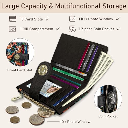 Image of Kelvoris Cute Floral Fox Flowers Boho Small Rfid Women Wallet Coin Pocket | Bifold Zipper PU Leather Compact Cash Credit Card Holder Travel Purse for Female Ladies Teen Girls 1 ID Window 10 Card Slots