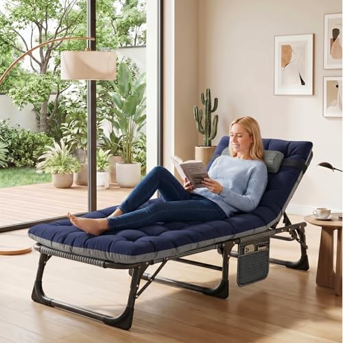 Image of ABORON 2PACK Lounge Chair for Outside5-Gear 500lb Loading Adjustable Chaise LoungeLawn Patio Chairs Foldable&Portable for Tanning Beach Poolside Sunbathing Banded Chairs & Blue Pads,Set of 2 30x20x10