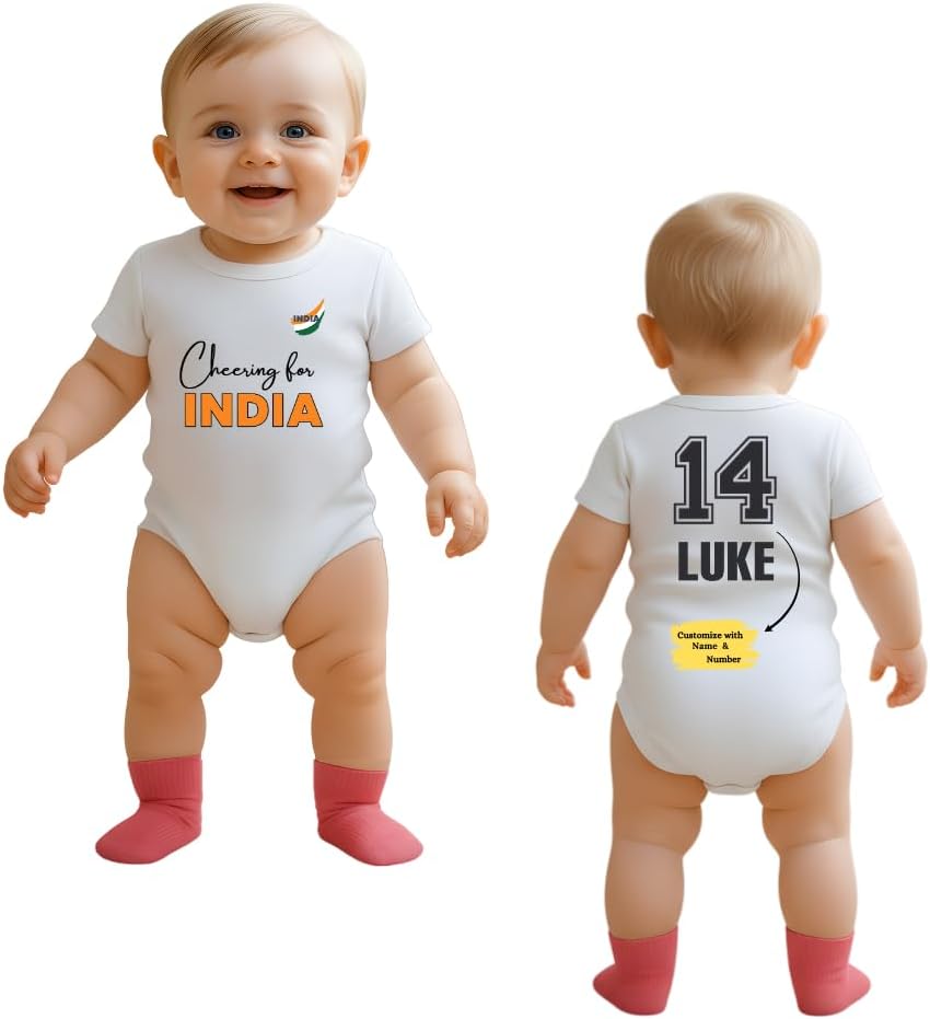 Personalized Baby Romper for Baby Boys and Girls - Cheering for India Design - Customizable Name and Number - Soft Short Sleeve Cotton Bodysuit - Perfect for Little Cricket Fans