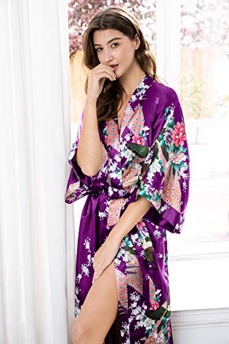 BABEYOND Women's Kimono Robe Long Satin Robes with Peacock and Blossoms Printed Kimono Nightgown3
