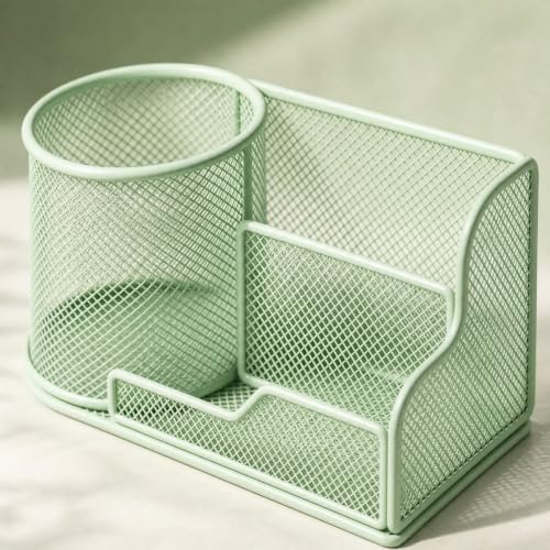 Image of Multipurpose Iron Mesh Desktop Organizer Stable Base Desktop Organizer with Cylindrical Holder Open-Access Multi-Compartment Mesh Pen Holder Space-Saving for Home Office, Vanity, Craft Area, Pink