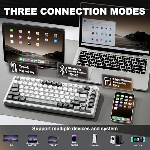 Image of YUNZII B75 PRO Wireless Mechanical Keyboard,75% Layout with Knob,Hot Swap Gasket Custom Structure,Creamy Pre-lubed Switches,RGB Backlit,Bluetooth /Type-C /2.4G for Win /Mac(Cocoa Cream V2 Switch,Grey)