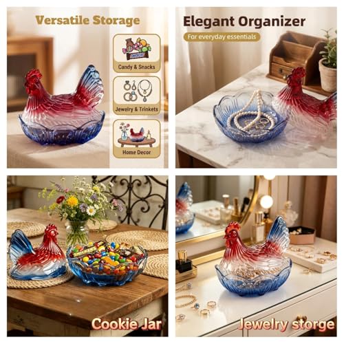 6.9" AIMINTSEN Glass Hen on Nest Candy Dish w/ Lid (Red/White/Blue) - image 4