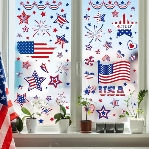 9 Sheets Patriotic Window Clings 2025 4th of July Window Decorations USA Window Decals Independence Day American Flag Window Stickers for School Home Party Glass Mirror Decoration