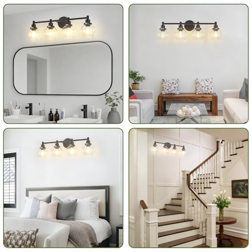 Image of 4-Light Bathroom Light Fixture Black Vanity Lights Over Mirror Modern Wall Sconce Farmhouse Vintage Bathroom Vanity Lighting with Glass Shade for Bedroom Hallway Cabinet Bathroom