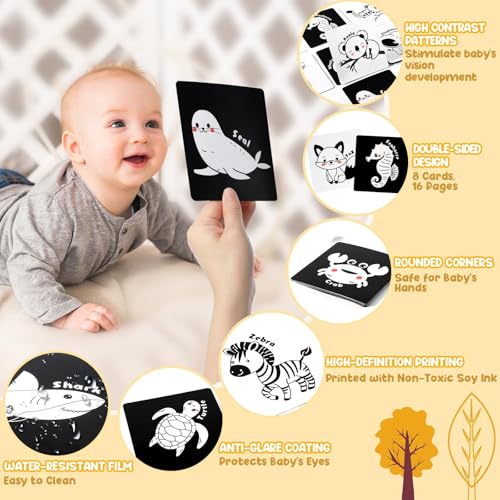 Image of URMYWO Tummy Time Mirror Toys, Visual Stimulation Learning Cards, High Contrast Black and White Baby Toys for Newborn, Soft Baby Book for Infant 0-12 Months, Baby Boy Girl Shower Gift