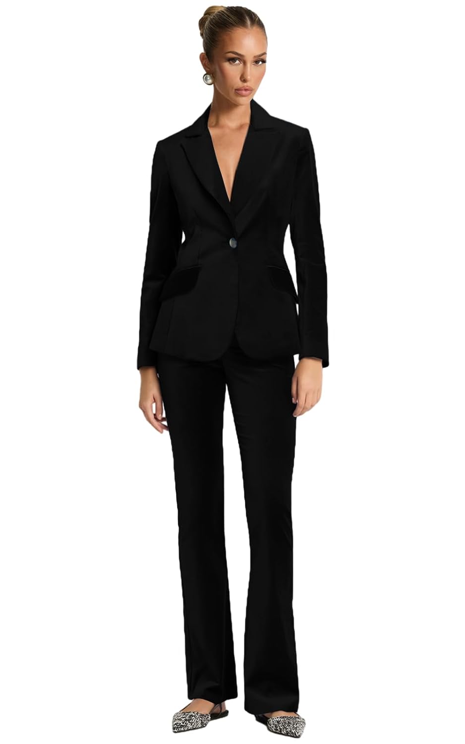 Suits for Women Velvet 2 Piece Set Long Sleeves Notch Lapel Womens Suit 1 Button Party Blazer Wide