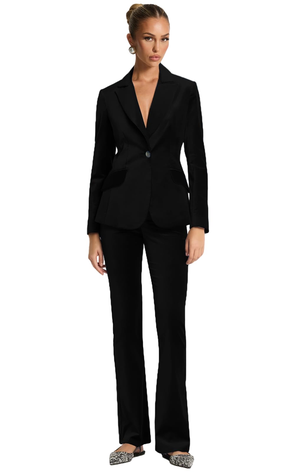 Suits for Women Velvet 2 Piece Set Long Sleeves Notch Lapel Womens Suit 1 Button Party Blazer Wide