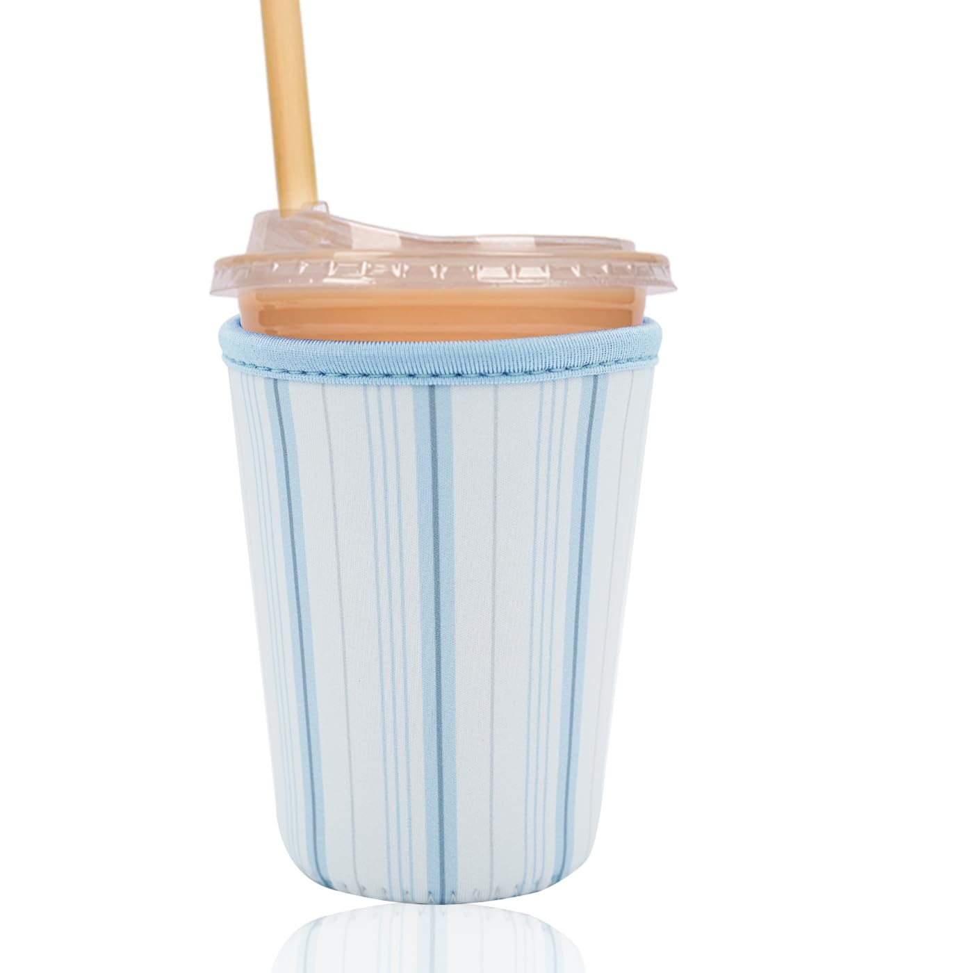 Reusable Insulated Sleeve for Iced Coffee Cup, Coffee Neoprene Sleeve for Cold &amp; Hot Drinks, Beverage Holder for Iced Coffee (Blue Lines, Small: 16-18oz)