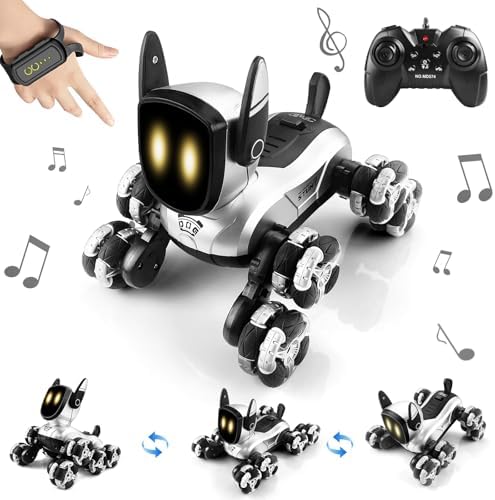 Robot Dog Toy, 2.4GHz 8WD Gesture Sensing rc Stunt car with LED Eyes, 360°Rotate Remote Control Dog with Music & Light, Birthday for Kids Boys Girls Age 6-8 8-12