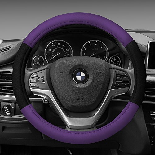 Image of FH Group Steering Wheel Cover and Seat Belt Pad Set - Universal Fit, Modern Design, Anti-Slip, Purple Car Interior Accessory for Cars, SUVs, Vans