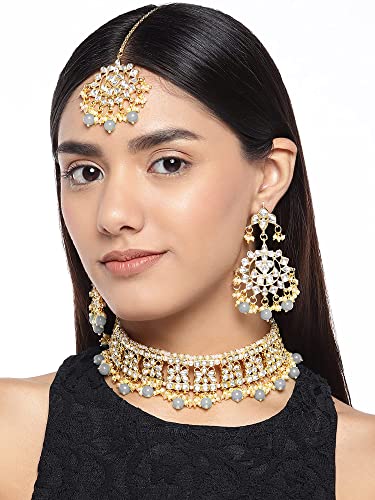 Image of Aheli Elegant Indian Faux Kundan Studded Choker Necklace with Maang Tikka Set Ethnic Wedding Wear Bharatanatyam jewellery set Gift for Women