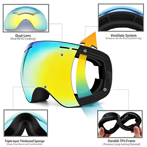 Image of JULI Kids Ski Goggles,Interchangeable Double Layer Spherical Lens,OTG Anti-Fog Snowboard Skate Snow Goggles Age 4-16 4300(Gold)