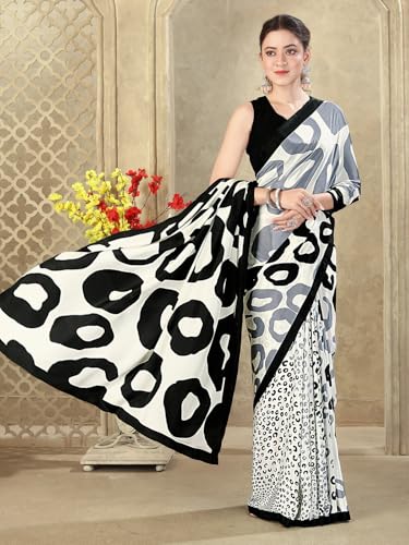 Image of SIRIL Women's Crepe Silk Printed Saree with Unstitched Blouse Piece