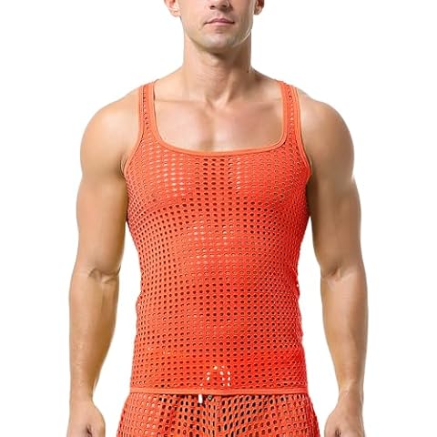 YOOBNG Men's Sleeveless Mesh Tank Tops Vest See Through Shirts Muscle Fitted Fishnet Hollow Out Vest Undershirt Orange Cover