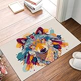 JEDTAKCT Schmutzfangmatte 90X150Cm Bohemian Geometric Wolf Fussmatte, Ethnische Tiere Innen rutschfeste Waschbar Fußmatten, Haustür Türmatte Für Flur Küche Haustiere Fußmatte, Beige