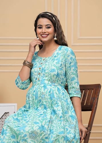 Image of JAIPURFAME Stylish Women's Pure Cotton All Over Printed Kurti Gown, Maternity Dress, and Feeding Dress - Comfortable and Elegant Maternity Wear for Women Aqua