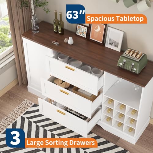 Doppeltcharms 63 Inch Farmhouse Sideboard Buffet Cabinet with Storage and Wine Racks,Kitchen Island with Shelves,Coffee Bar Station with Drawers for Entryway,Living Room,White — view 4
