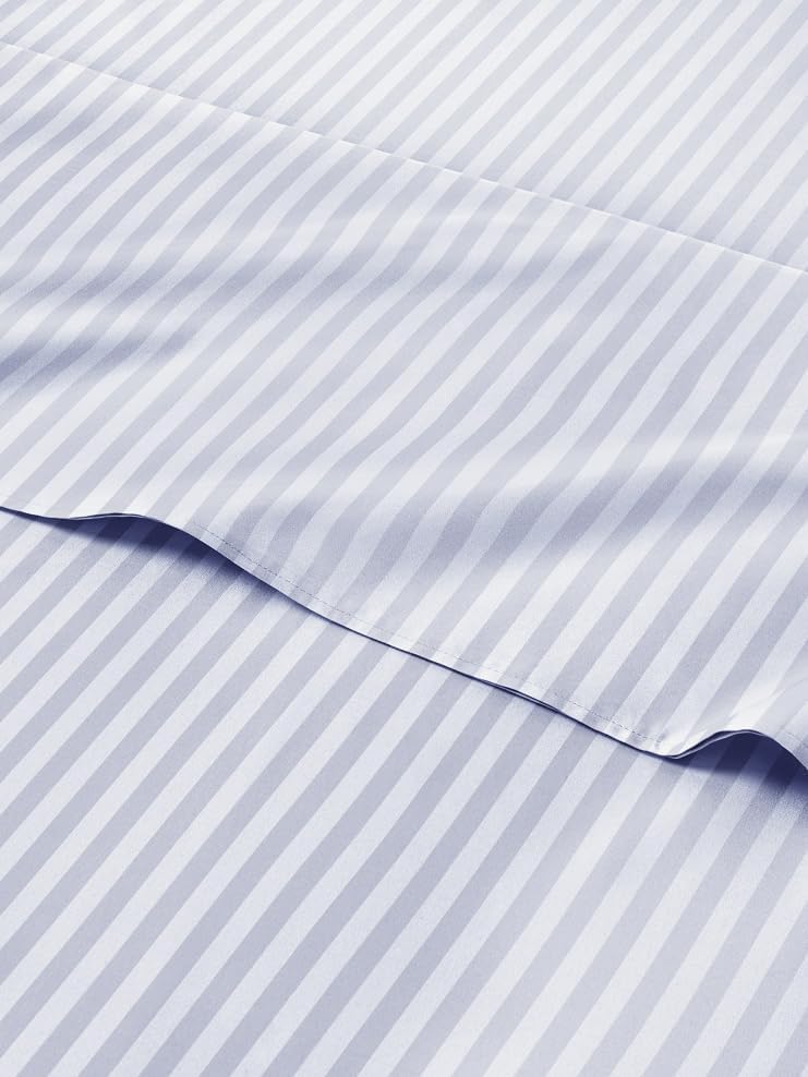Sky Blue and White Striped Sheets - 1 Flat & 1 Fitted Sheet & 2 Pillowcases w/ Deep Pockets - Comfy, Wrinkle & Fade Free - Soft, Breathable and Cooling - Pinstripe Patterned Bedding - Queen Size
