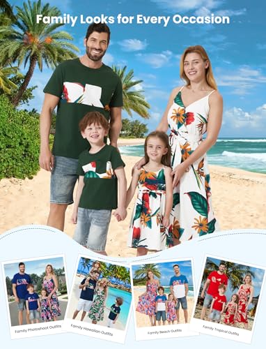 Image of PATPAT Family Matching Outfits Mommy and Me Dresses Hawaiian Tropical Vacation Beach Spaghetti Strap Dress and Shirt
