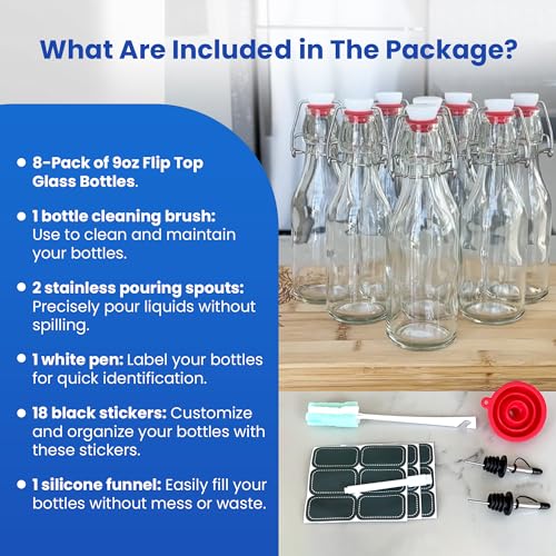 Image of AYL Flip Top Glass Bottles 9oz, Swing Top Beer Brewing Bottle for 2nd Fermentation, Kombucha, Kefir, Vanilla Extract, Water, Juice, Tea, Syrup- Airtight Stopper Cap Lid, Bonus 1 Bottle Pourer