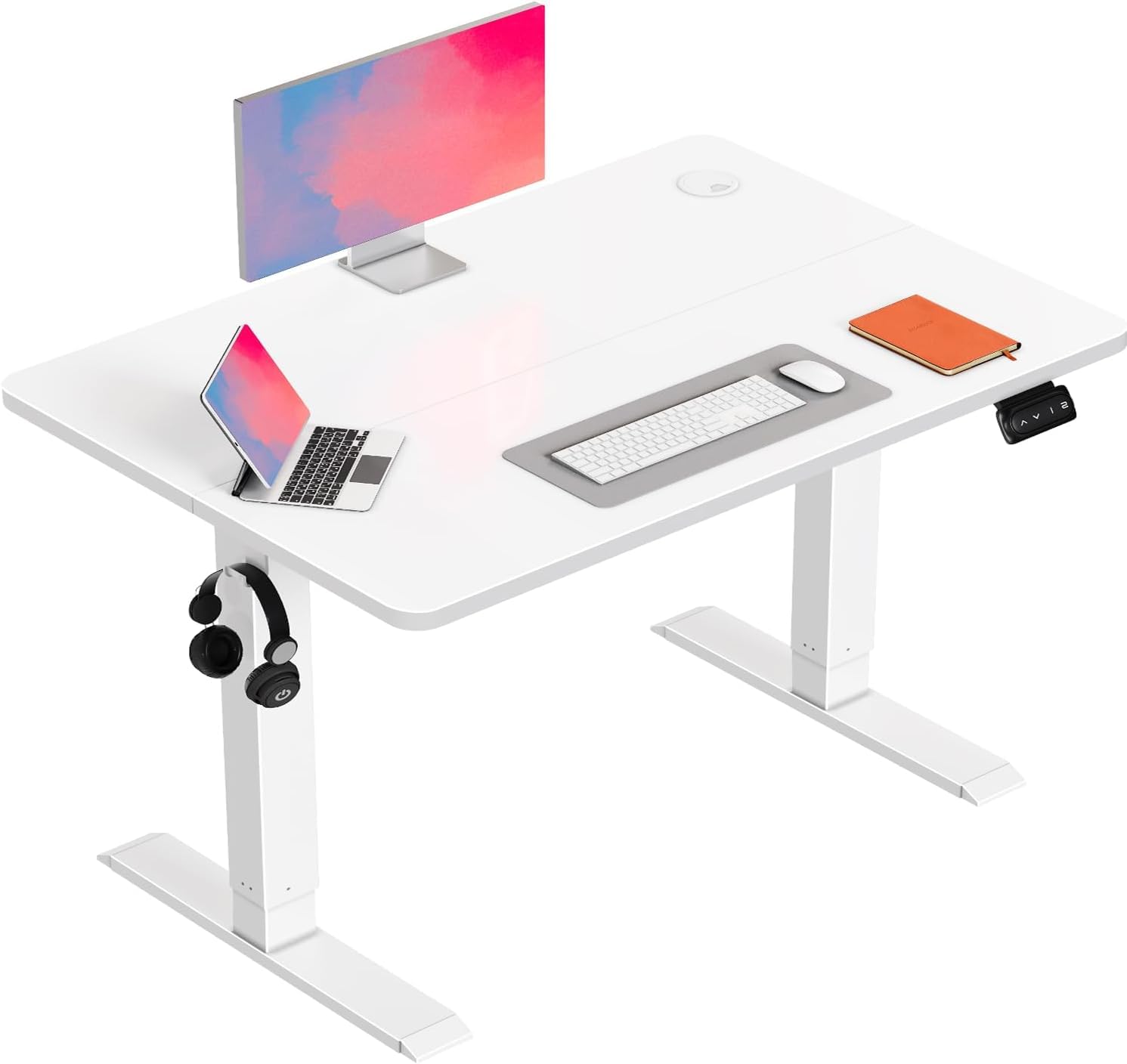 Flamaker Standing Desk 100x60cm Height Adjustable Desk with Splice Board Standing Table with Hook Office Table with Memory Smart Pannel,White