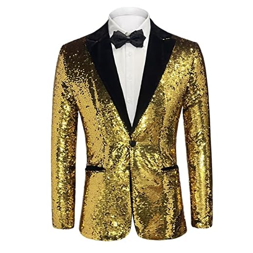 Apocrypha Men Sequins Floral Blazer Suit Jacket Dinner Prom Nightclub Wedding (Gold, Large)