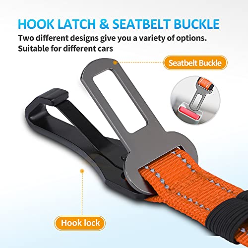 Image of Dog Seat Belt 3-in-1 Car Harness for Dogs Adjustable Safety Seatbelt for Car Nylon Reflective Bungee Fabric Dog Car Harness with Clip Hook Latch & Buckle, Swivel Zinc Alloy Carabiner (Orange)